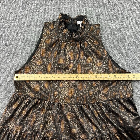 TCEC Metallic Snakeskin Print Tiered Swing Dress Sleeveless Mock Neck L - Picture 2 of 7